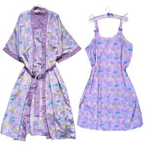 90s NWT Contessa Di Roma Lilac Floral Print Midi Slip Dress Robe Set 2X Plus